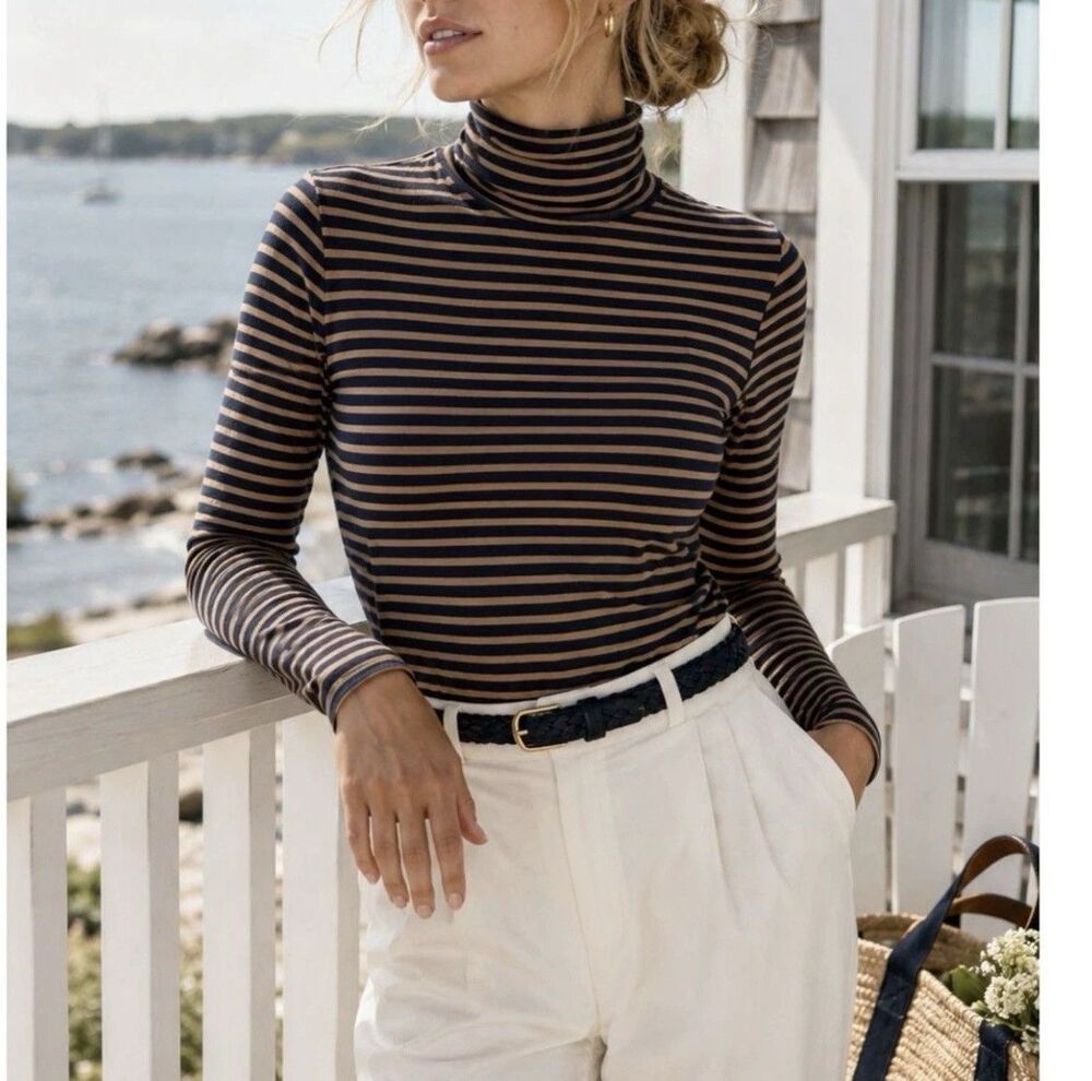 J.Crew Women's Tissue Turtleneck Long Sleeve Top Size Large Navy Camel Stripe